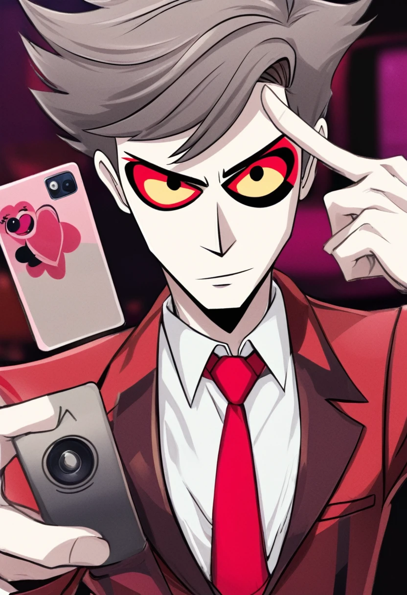 Anime boy taking a selfie at Hazbin Hotel , Bob Hair, Wearing a red suit,tie,Buzz Bin Hotel style illustration,Only one man,alone