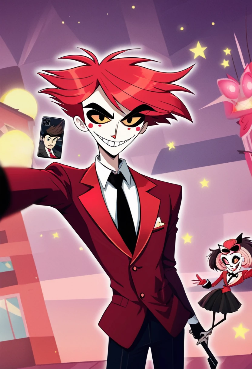 Anime boy taking a selfie at Hazbin Hotel , Bob Hair, Wearing a red suit,tie,Buzz Bin Hotel style illustration,Only one man,alone