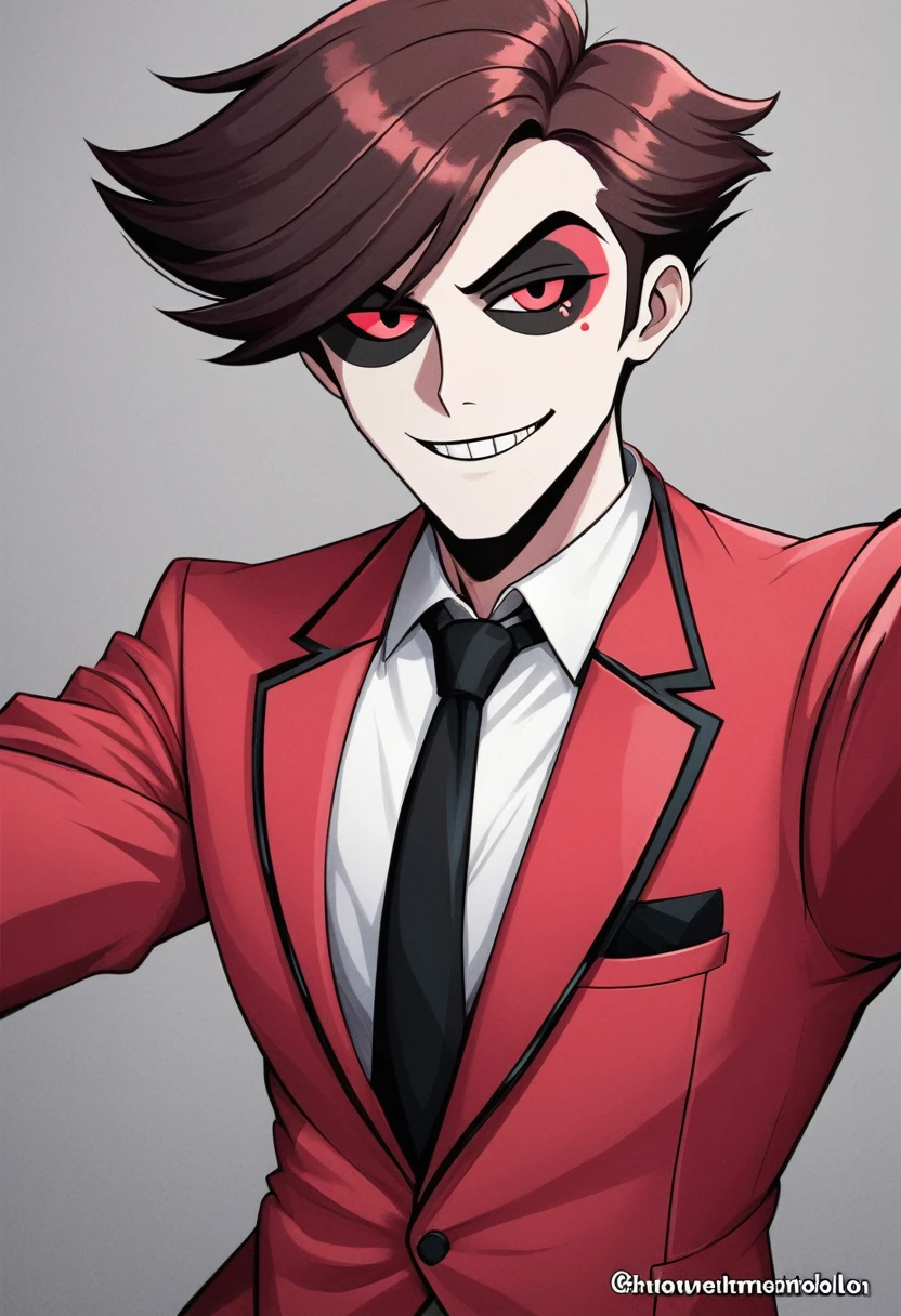 Anime boy taking a selfie at Hazbin Hotel , Bob Hair, Wearing a red suit,tie,Buzz Bin Hotel style illustration,Only one man,alone