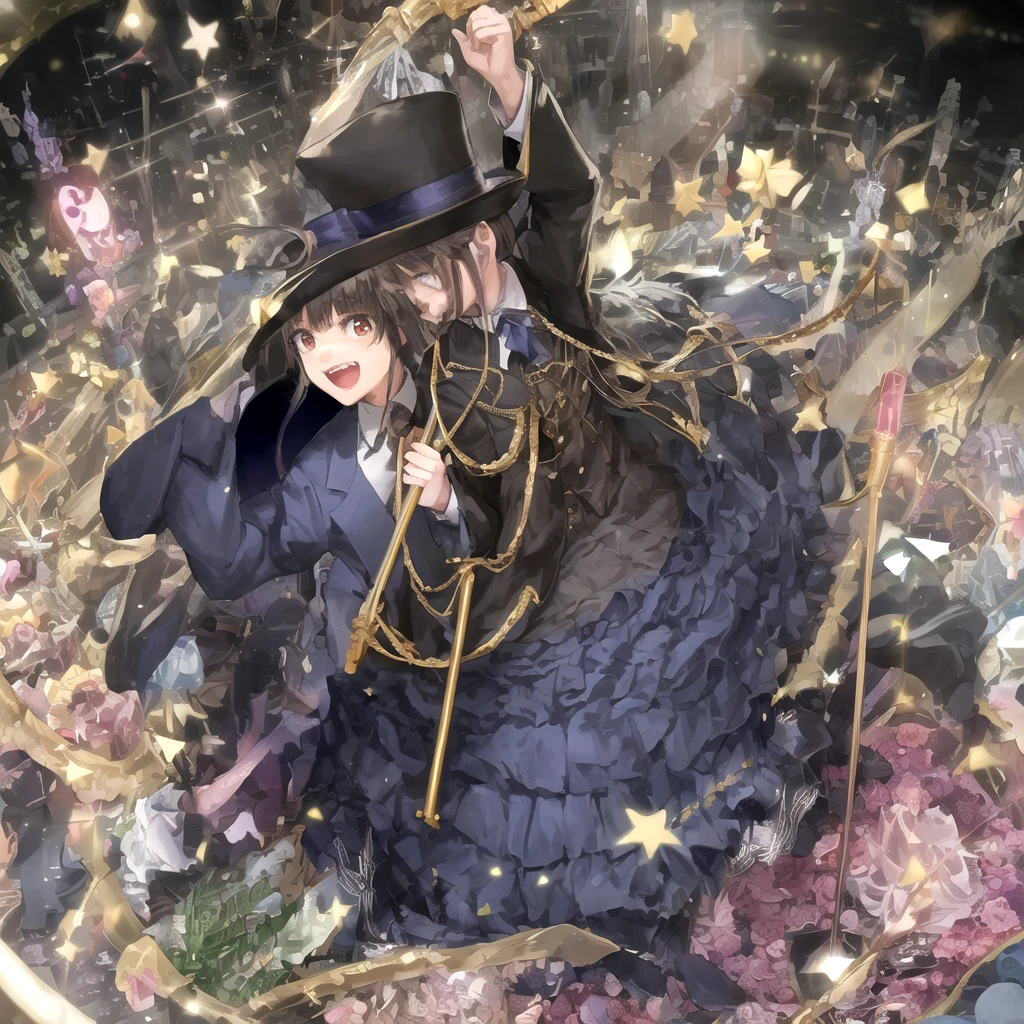 Magic Show、suit、Walking stick、hat、One Girl、Highest quality、Stage background、There is a large audience、Spotlight、Spot the trick