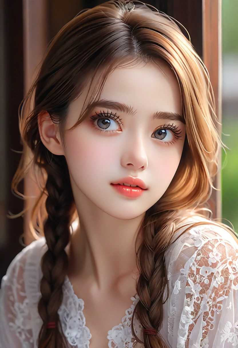 Professional, high-quality photos, 4K resolution, A charming girl captured in realistic detail，She&#39;s wearing fluffy white pajamas，ears and foxtails. She sat in the middle of the enchanted forest, Every element is perfectly depicted. Pajamas texture, Ears and tail are sharp and palpable. Sunlight falls on leaves，gently illuminates the girl&#39;s face, Highlight every delicate and charming expression  