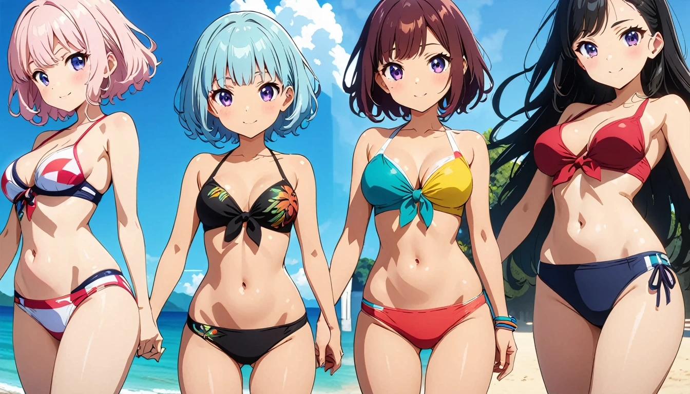 (anime artwork, anime style, studio anime, very detailed, up to date, vibrant, Anime Coloring, high contrast, masterpiece:1.5, best quality, best aesthetics),5 girl,hug from behind,swim suits, Medium chest, A glimpse of thighs,random hair, One eye is hidden by the bangs, perfect proportions, high detail skin, Cute, detailed faces,beach, precise fingers,curvy,swim suits  crowd