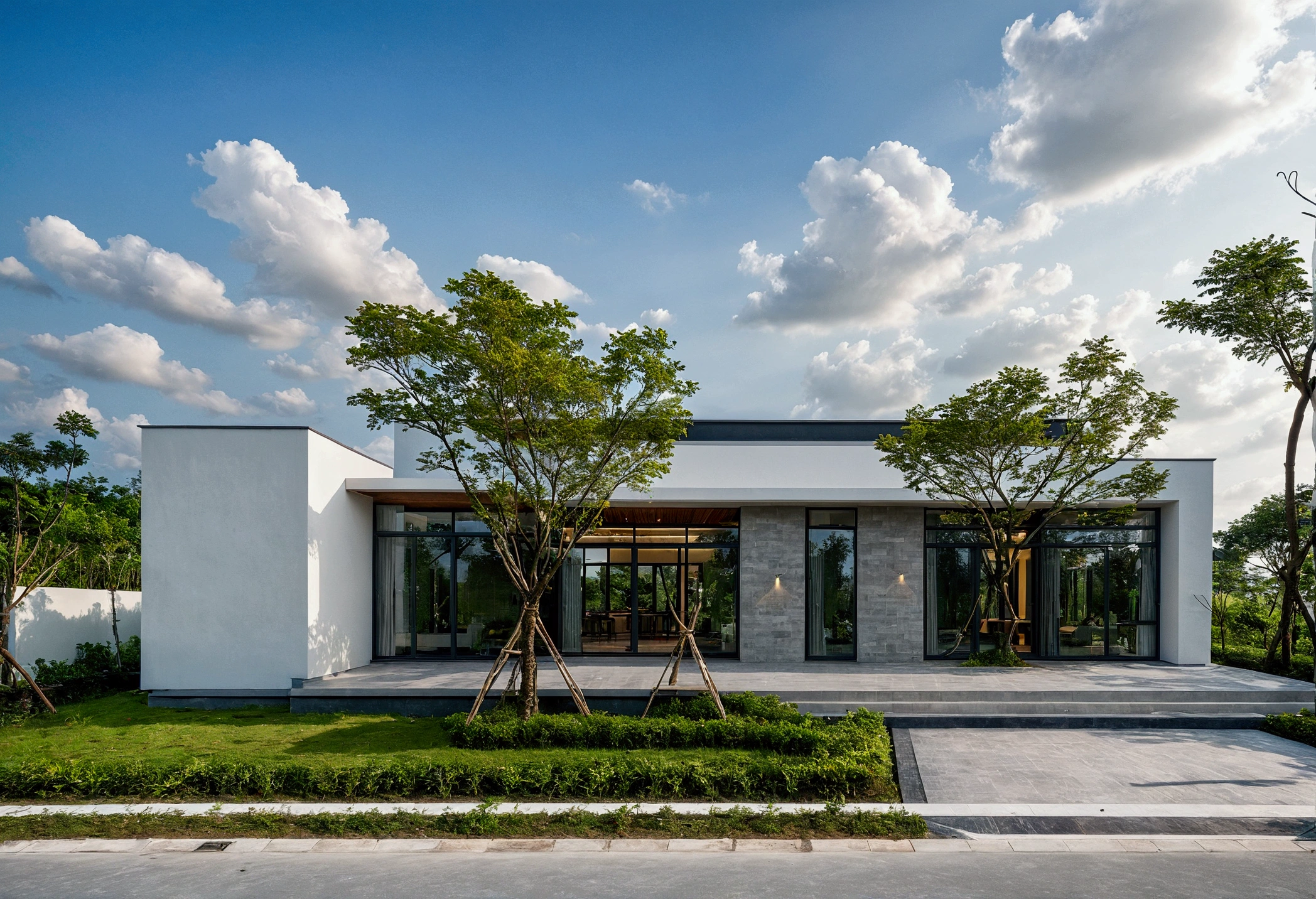 CRU photo,work of art, high qualiy, best qualityer, authentic, super detaill, plein-air, front-facing, single storey villaXL, aiai group, modern house style on the street, front house, visão front-facing, white wall road, pavement, gram, Trees, sky, nube, (Day Light:1.1)