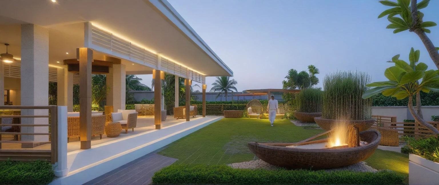 headquarter of Local caft Resort , coconut trees, greenery landscape, along the white beach, clear sky, sunrise time, warm lighting RAW Photo, RAW texture, Super Realistic, 32K UHD, DSLR, soft lighting, high quality, film rating, Fujifilm XT3 ,(masterpiece),(high quality), best quality, real,(realistic), super detailed, (full detail),(4k),8k,modern house exterior design,Modern architecture,Beautiful_sky,Day light, no_humans, outdoors,sky,tree,Garden flower front of building,