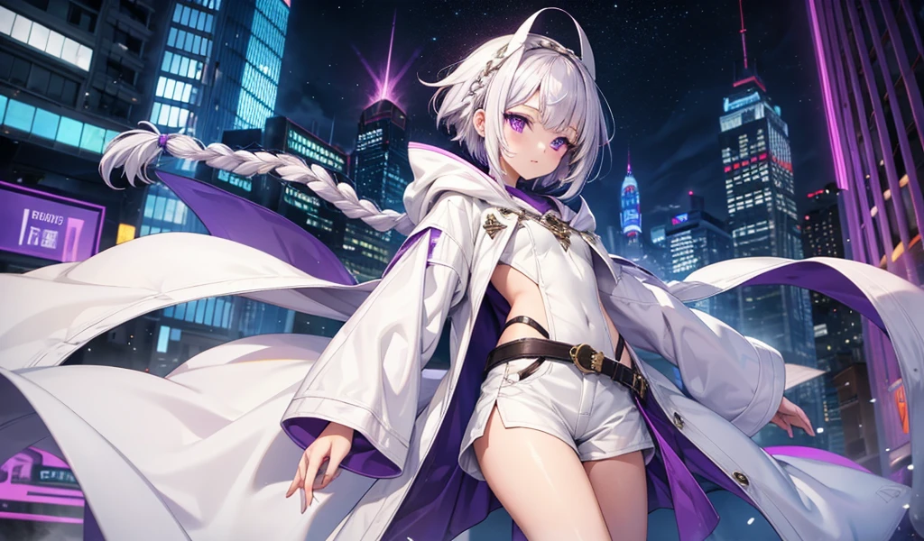 Girl with white short hair and double braids,Purple Eyes,hood,White robe,small shorts,Bare Legs,City