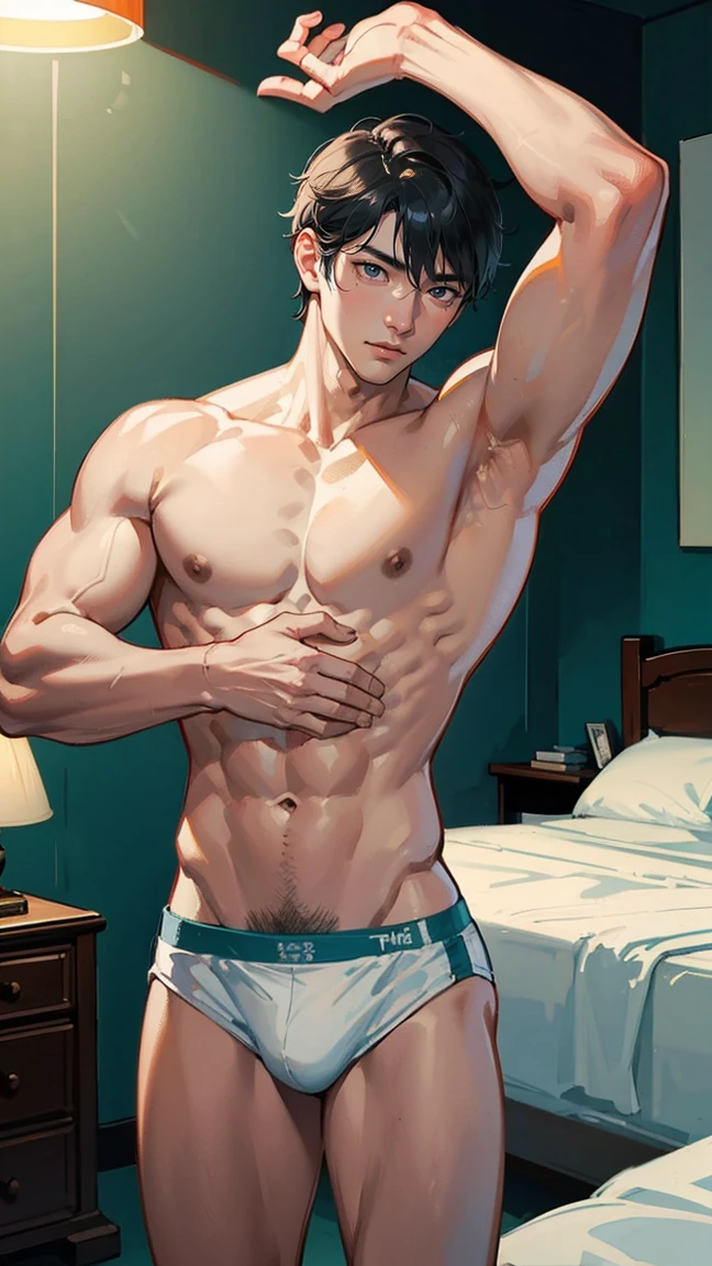 In the captivating image lies a Korean handsome guy, radiating charisma as he proudly showcases his muscular to to build in a full-bodied stand-up pose. Wearing a sexy white bikini that accentuates his physique, he stands amidst the bedroom environment, With an unrivaled attention to detail, this photorealistic portrait embodies the National Geographic style, capturing every nuance of his textured skin in 8k resolution. His features emerge in pristine clarity, from the deep-set eyes to the chiseled jawline, making this image a true masterpiece. The lif,  best quality, 8K  UHD+, Leica digital SLR camera，