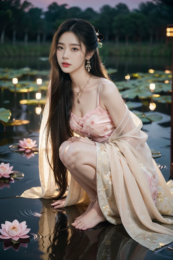(((best quality))),(((ultra detailed))),(((masterpiece))),illustration,((1 beautiful young girl,solo)),((slim,thin)),(shoulder length straight hair:1.2),((earrings,necklace)),((small breasts,flat chest)),(see through traditional pink sheer Hanfu dress:1.3),(slender legs:1.2),(beside the lotus pond full of lotus flowers:1.3), serene moonlight, ethereal,floral pattern, water movement, billowing fabric, tranquil, moon reflection, petals, fireflies, magical, light,warm light, dreams, invitation, standing, gazing, reflection, inner thoughts, emotional, sweet scent, natural beauty, solitude, hypnotic lull, eternal summer,(night scene:1.3), natural world, human spirit, celebration, backdrop, water, glow,((from front,upper body))