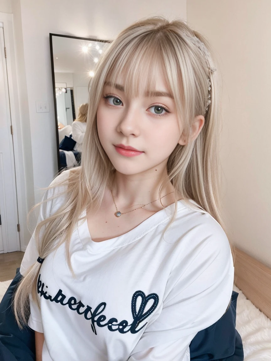 1 girl, beautiful, , 20-year-old, white skin, big breasts, white loose pajamas, skinny, take a photo in the bedroom, girly bedroom, BLACK AND BLONDE hair, Silver Twin Tail, ((adorable:1.1)), ((masterpiece:1.1)), sleepy cute face