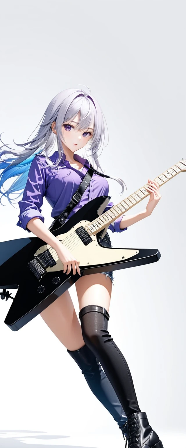 (((White background:1.5)))、(The entire subject is captured),(((Composition from afar:1.5))),(((full body:1.2)))、(very wide shot)、(masterpiece、Ultra HD、Highest quality、Masterpiece、４K:1.2)、Slender body、Scandinavian metal girl playing a white electric guitar, A strong gaze on the guitar, Intricate details, Highly detailed eyes, Highly detailed fingers、(Purple shirt and blue jeans) 、Long silver hair、Wear black boots、(((Dynamic and lively pose:1.5)))、Perfect Style、８Head to Body、Playing guitar on stage、Live