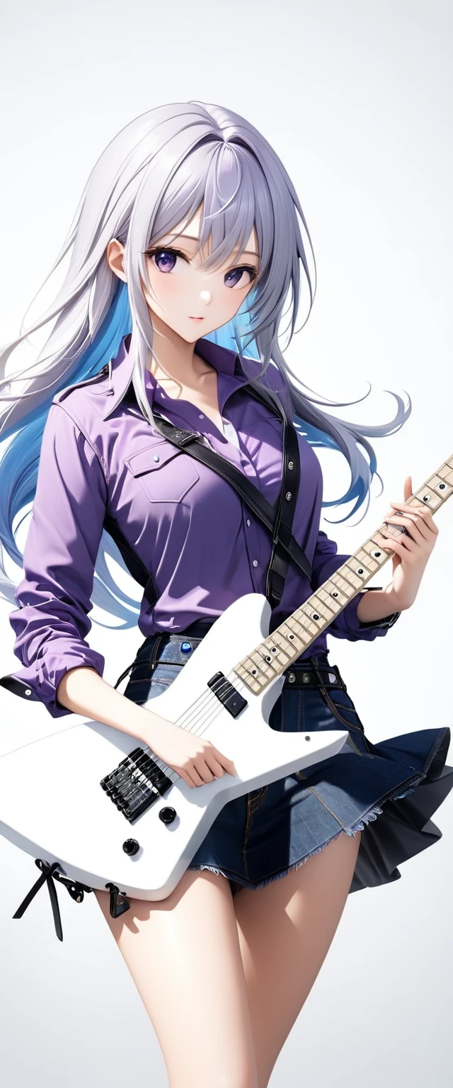 (((White background:1.5)))、(The entire subject is captured),(((Composition from afar:1.5))),(((full body:1.2)))、(very wide shot)、(masterpiece、Ultra HD、Highest quality、Masterpiece、4K:1.2)、Slender body、Scandinavian metal girl playing a white electric guitar, A gentle gaze at the camera, Intricate details, Highly detailed eyes, Highly detailed fingers、(Purple shirt and jeans) 、Long silver hair、Wear black boots、(((Dynamic and lively pose:1.5)))、Perfect Style、8Head to Body、Playing guitar on stage、Live