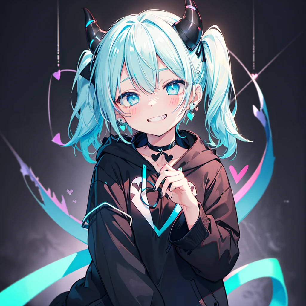 ((((jagged、Open your mouth、Grin background、shining heart Making a Heart front)))) (((Black hoodie、Wearing a hood Devil horns Twin tails、Neon Blue Neon Blueの目))) ((Shiny Earrings Small black ribbon)) Shining Edges 輝くbackground