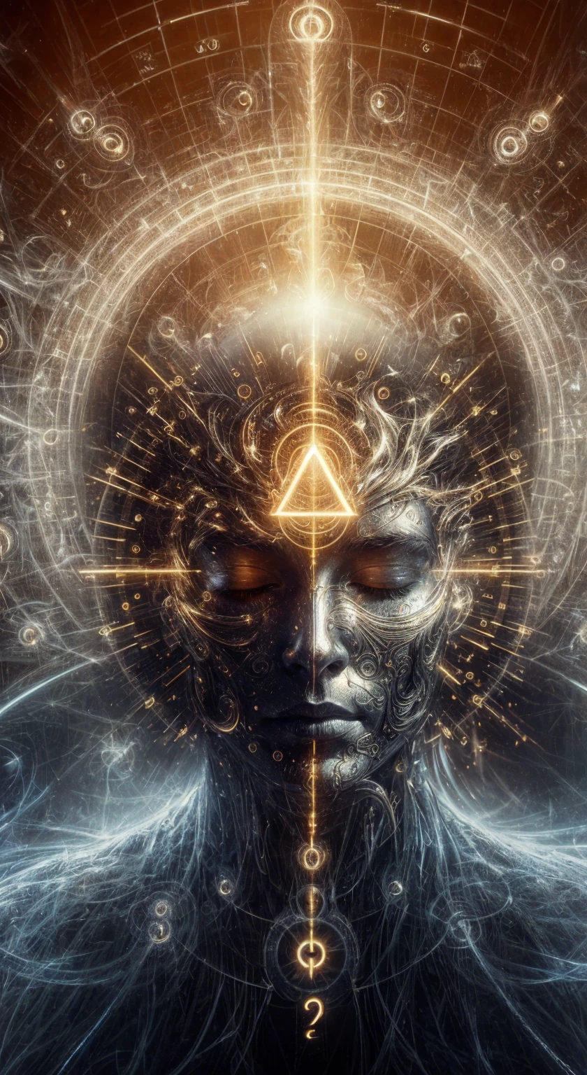a very real image. Alpha and omega frequency radiating to an individual with eyes closed. Photorealism, full view, very detailed image, very realistic, hyperrealism, cinematography, Ultra HD, 8k, Unreal Engine 5, sharp focus, intricate and mysterious masterpiece. (Long exposure photography Highly detailed, high-detailed close-up portrait art illustration - Final quality medium shot, backlit, rich and eye-catching. Enigmatic and mysterious manipulations (rule of thirds composition), ((detailed environment with lines strong), Better quality, on camera, white light, warm and clean aesthetics, dazzling screen composed of millions of bright ultraviolet lights, HDR.