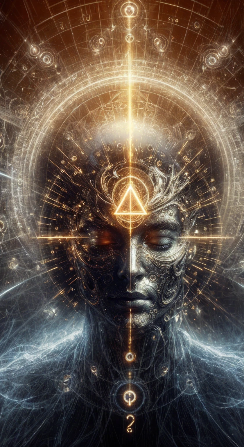 a very real image. Alpha and omega frequency radiating to an individual with eyes closed. Photorealism, full view, very detailed image, very realistic, hyperrealism, cinematography, Ultra HD, 8k, Unreal Engine 5, sharp focus, intricate and mysterious masterpiece. (Long exposure photography Highly detailed, high-detailed close-up portrait art illustration - Final quality medium shot, backlit, rich and eye-catching. Enigmatic and mysterious manipulations (rule of thirds composition), ((detailed environment with lines strong), Better quality, on camera, white light, warm and clean aesthetics, dazzling screen composed of millions of bright ultraviolet lights, HDR.