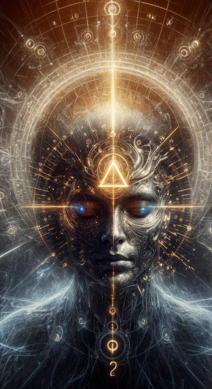a very real image. Alpha and omega frequency radiating to an individual with eyes closed. Photorealism, full view, very detailed image, very realistic, hyperrealism, cinematography, Ultra HD, 8k, Unreal Engine 5, sharp focus, intricate and mysterious masterpiece. (Long exposure photography Highly detailed, high-detailed close-up portrait art illustration - Final quality medium shot, backlit, rich and eye-catching. Enigmatic and mysterious manipulations (rule of thirds composition), ((detailed environment with lines strong), Better quality, on camera, white light, warm and clean aesthetics, dazzling screen composed of millions of bright ultraviolet lights, HDR.