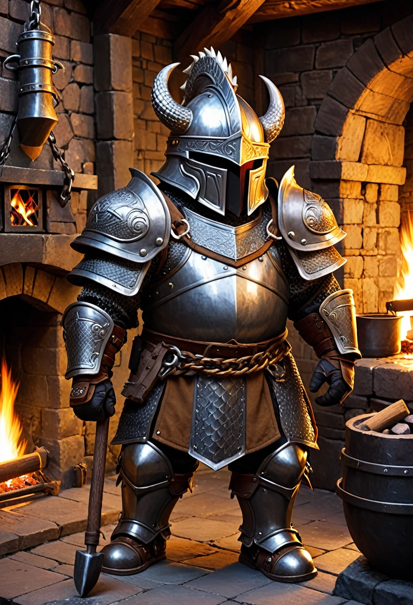dwarf with heavy chain armor. he is holding a hammer. he is standing in a forge with a fireplace. he wears adragon-helmet 