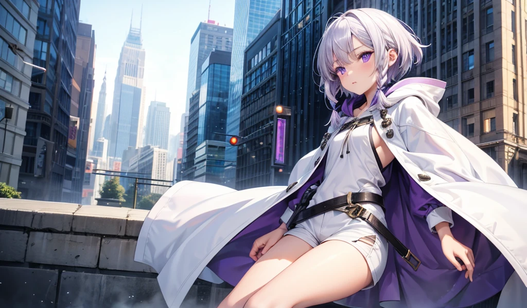 Girl with white short hair and double braids,Purple Eyes,hood,White robe,small shorts,Bare Legs,City