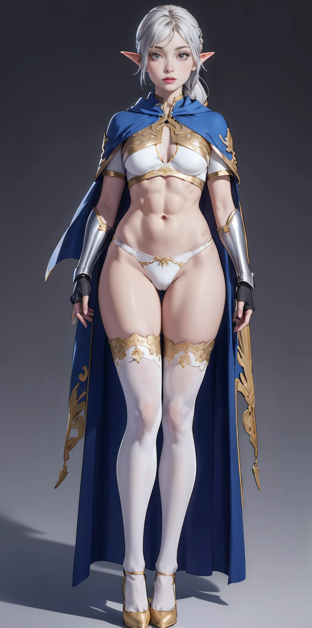 extremely long hair, ponytail, perfect anatomy 1 girl tall solo, slim thick ((muscular)) high elf full body toe to head toned body, silver breast plate, blue cape, slendered abs, hourglass waist, detailed face, defined cheekbones, puffy lips, gauntlets, gold crown, shadow over eyes, looking at viewer, masterpiece, white thigh highs lingerie, high heels