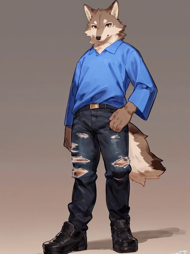 ((Best quality, masterpiece, detailed anatomy, detailed eyes, detailed hands, perfect lighting, perfect shading)), by Buta99, by Bebebebebe, 1male, Wolf, brown furs, tight body, dark  brown eyes, skinny chub body, young body, large sleeves blue shirt, ripped jeans pants, black boots, at the white background 