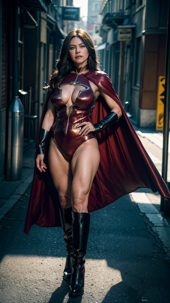 (masterpiece:1.4),(63-year-old woman:1.5),(facial wrinkle : 1.2), (long hair), (glare at viewer : 1.1), Mature Woman, (dressed as a super hero : 1.2), (long cape : 1.2), detailed hero costume, stylish long boots, acnes, dull skin, fleckled skin, (muscular arms : 1.2), (thick arms : 1.2), (thick legs : 1.2),  collapsed town, destroyed city, head to toe, full body, detailed background, cinematic lighting