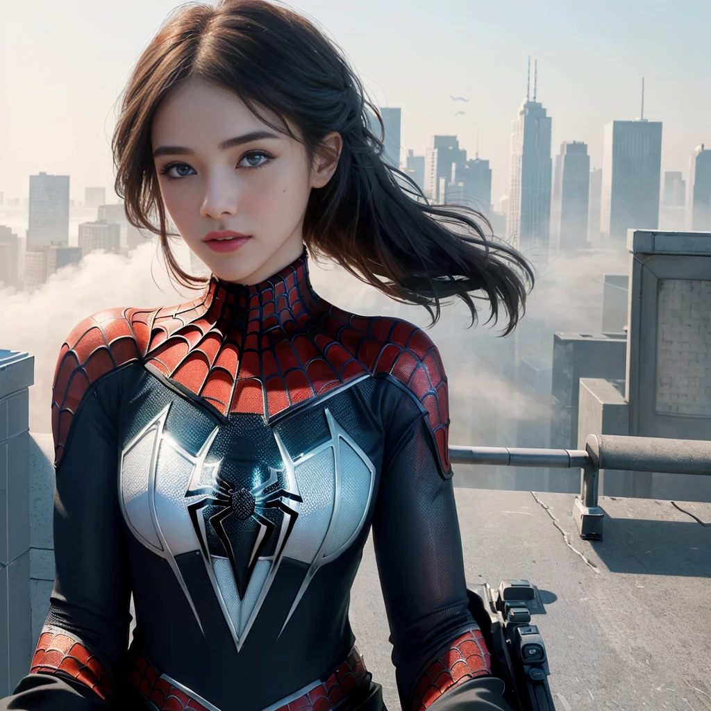 (1girl:1.3), Solo, (((Very detailed face)))), ((Very detailed eyes and face)))), Beautiful detail eyes, Body parts__, Official art, Unified 8k wallpaper, Super detailed, beautiful and beautiful, beautiful, masterpiece, best quality, original, masterpiece, super fine photo, best quality, super high resolution, realistic realism, sunlight, full body portrait, amazing beauty, dynamic pose, delicate face, vibrant eyes, (from the front), She wears Spider-Man suit, red and black color scheme, spider, very detailed city roof background, rooftop, overlooking the city, detailed face, detailed complex busy background, messy, gorgeous, milky white, highly detailed skin, realistic skin details, visible pores, clear focus, volumetric fog, 8k uhd, DSLR, high quality, film grain, fair skin, photo realism, lomography, futuristic dystopian megalopolis, translucent