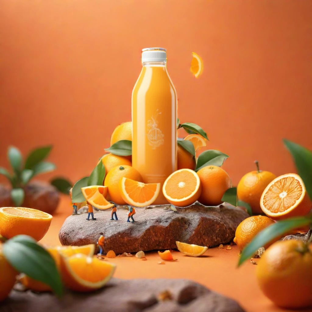  filmisches Filmstill Miniatur-Food-Fotografie, Gruppe von Pflückern ,  beim Wandern in einer riesigen orangen ,  Flasche Orangensaft auf einem Felsen in der Mitte , orangefarbener Hintergrund,  sanfte Farbmischung , surrealer Fotostil, Helles Studiolicht, Minimalismus