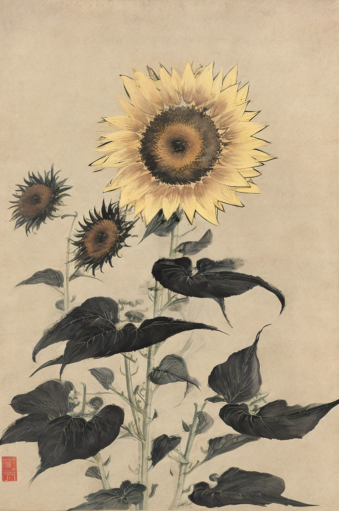 van gogh style sunflowers abstract in rectangle style with white background and black line rectangle frame
