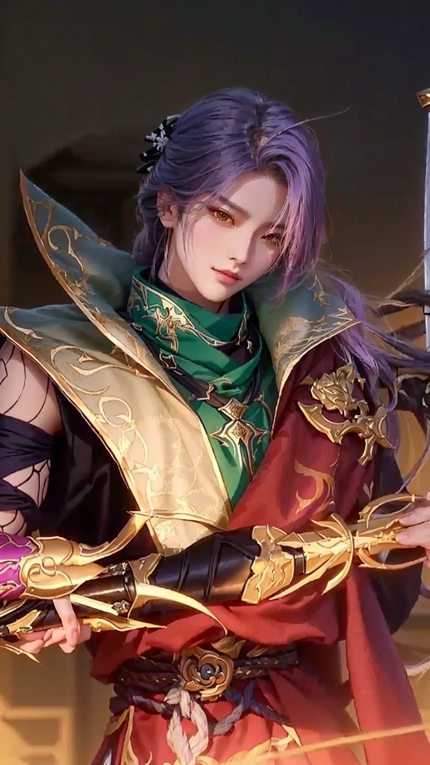 a close up of a person holding a sword and a sword, heise jinyao, style of kieran yanner, zhongli from genshin impact, leblanc, keqing from genshin impact, astri lohne, casimir art, inspired in kris from deltarrune, tane skin, roguish smirk, kda, inspired by Huang Shen