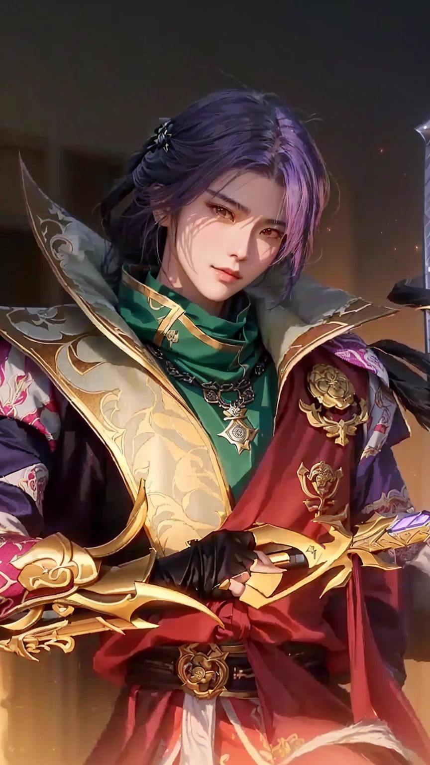 a close up of a person holding a sword and a sword, heise jinyao, style of kieran yanner, zhongli from genshin impact, leblanc, keqing from genshin impact, astri lohne, casimir art, inspired in kris from deltarrune, tane skin, roguish smirk, kda, inspired by Huang Shen