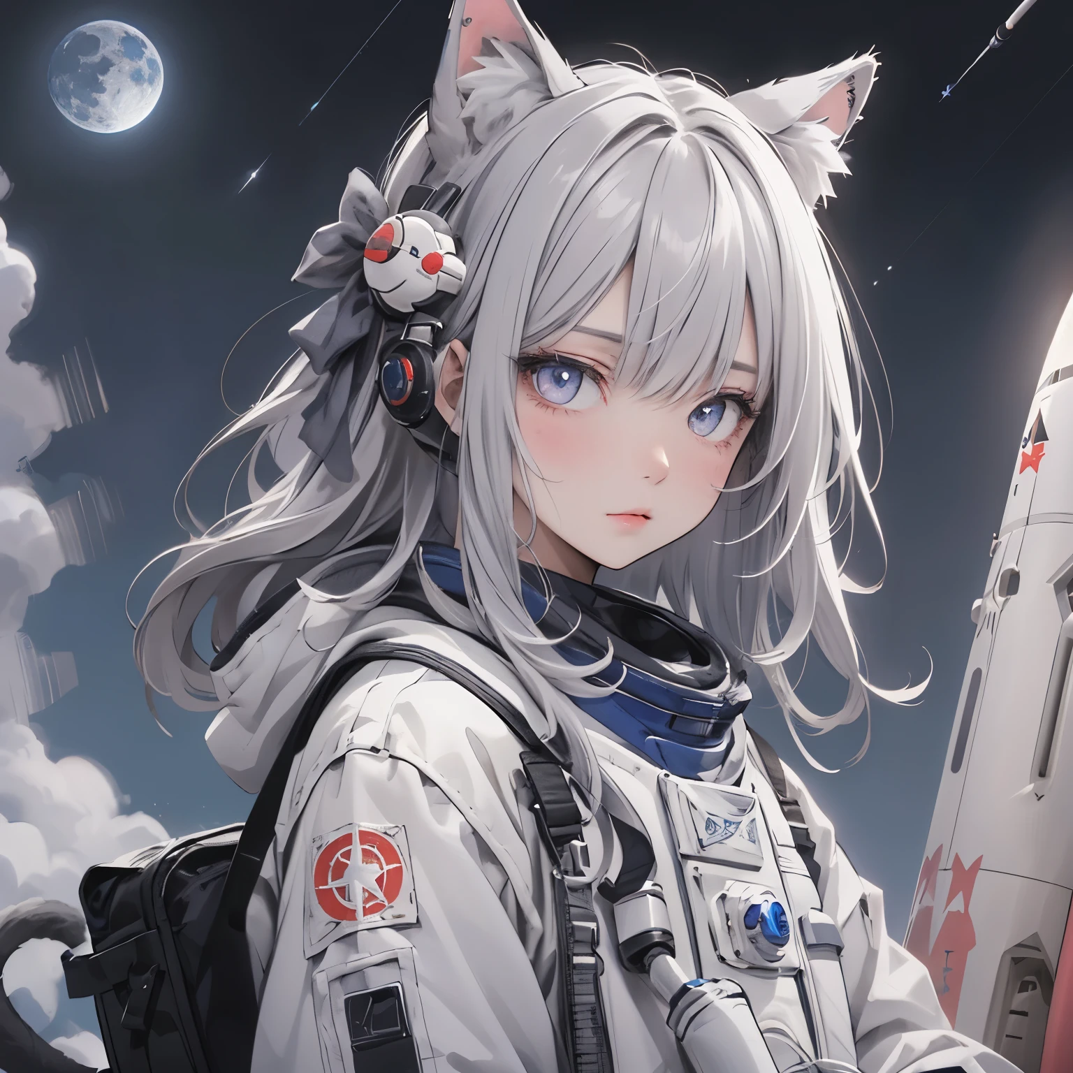 (masterpiece), Highest quality, Ultra-high resolution,Gray ribbon cat ears、Grey colored hair、Gray eyes、Gray colored clothes、astronaut、moon、Monochrome、(rocket:1.3)