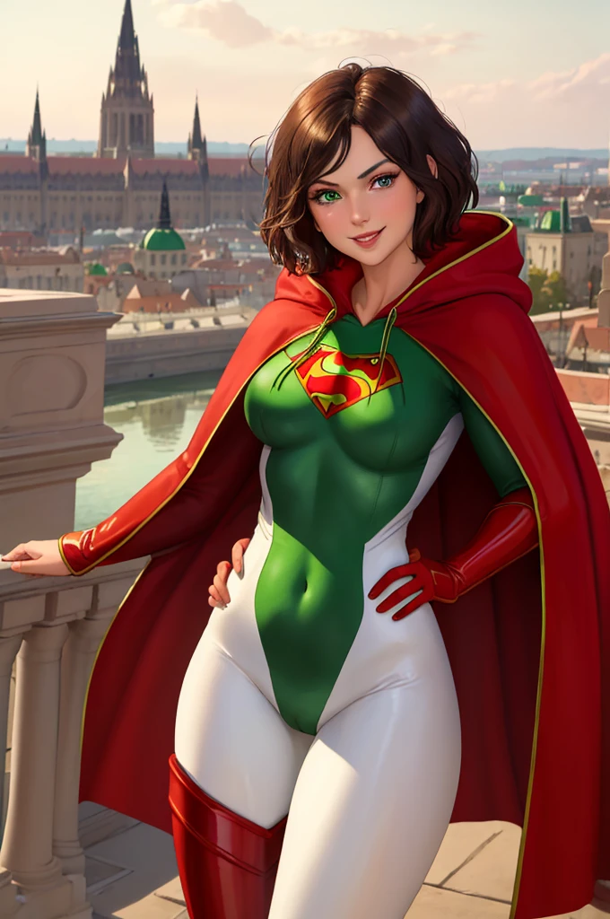 masterpiece, best quality:1.2), 1girl, smile, looking at viewer, red eyes, green eyes, heterochromia, short brown hair, dressed as superwoman, full bodysuit, green white catsuit, red cloak cape, red boots, standing in Hungarian cityscape