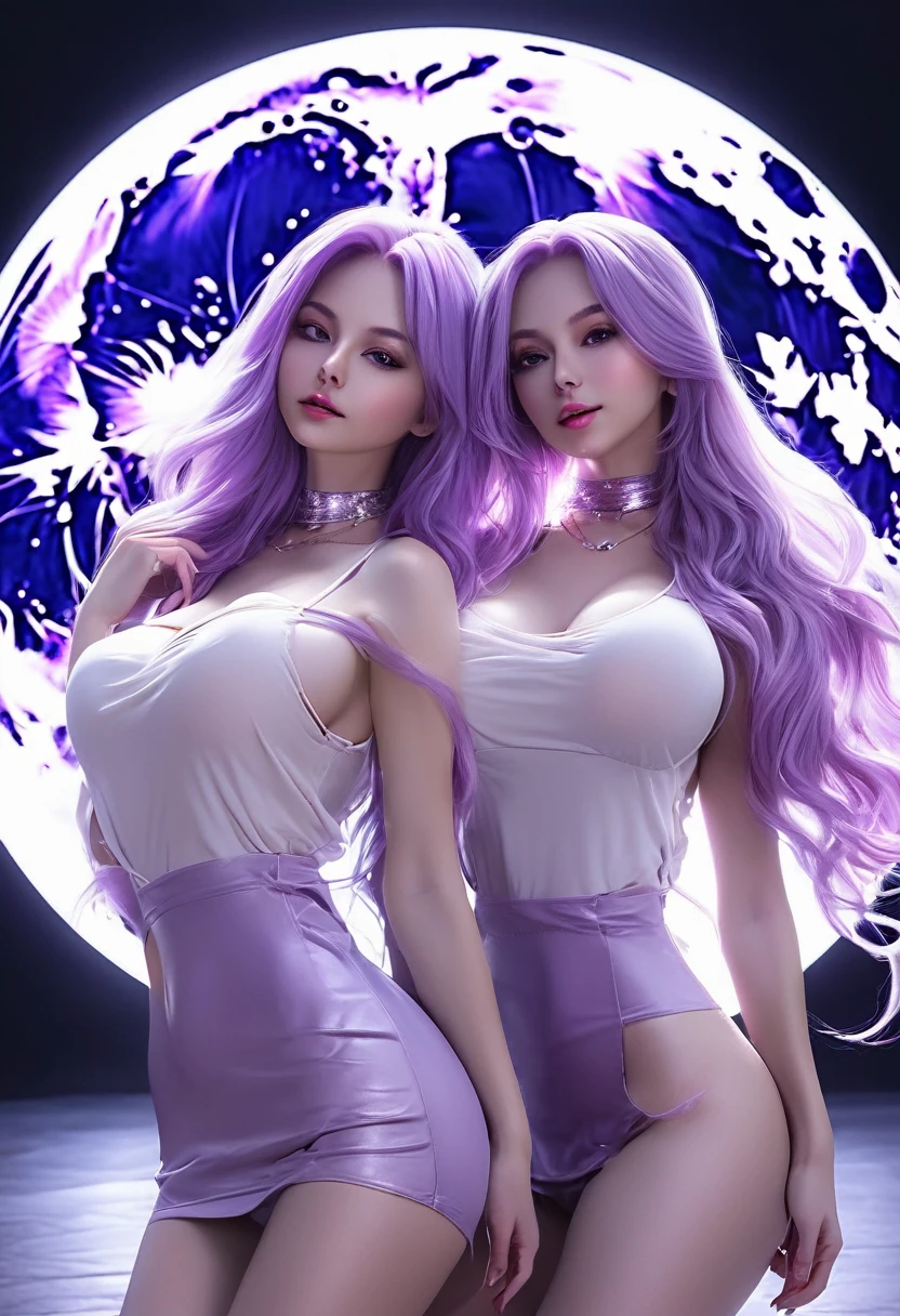 work of art, high quality 8k, neckleace, pantyrose,pantyrose pequena,long light purple hair,breasts showing,two females,fullmoon,lights, Perfect beauty,perfect  skin,white,