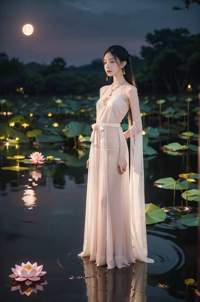 (((best quality))),(((ultra detailed))),(((masterpiece))),illustration,((1 beautiful young  girl,solo)),((slim,thin)),(shoulder length straight hair:1.2),((earrings,necklace)),((small breasts,flat chest)),(see through traditional pink sheer Hanfu dress:1.3),(slender legs:1.2),(beside the lotus pond full of lotus flowers:1.3), serene moonlight, ethereal,floral pattern, water movement, billowing fabric, tranquil, moon reflection, petals, fireflies, magical, light,warm light, dreams, invitation, (standing:1.3),(arms behind back:1.3),gazing, reflection, inner thoughts, emotional, sweet scent, natural beauty, solitude, hypnotic lull, eternal summer,(night scene:1.3), natural world, human spirit, celebration, backdrop, water, glow,((from front,full body))