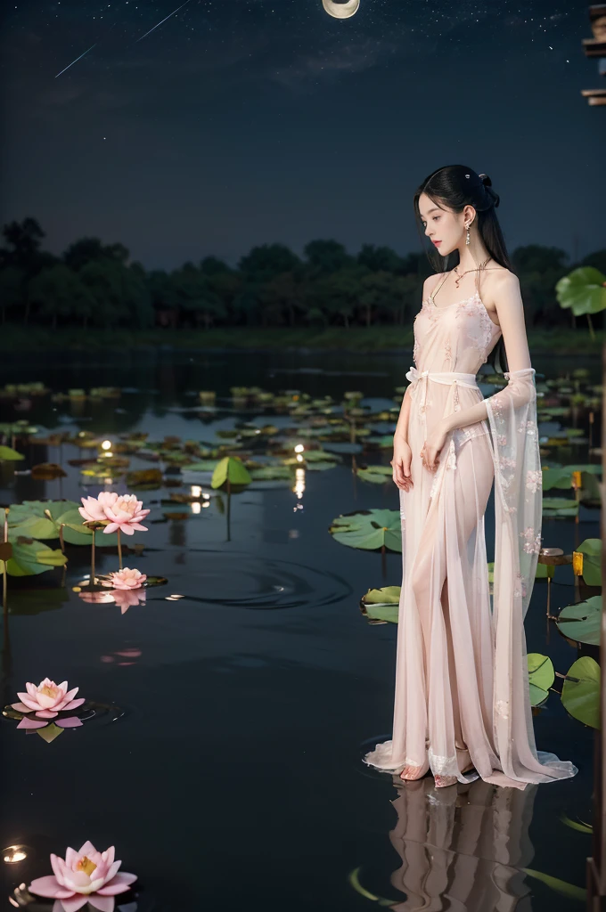 (((best quality))),(((ultra detailed))),(((masterpiece))),illustration,((1 beautiful young  girl,solo)),((slim,thin)),(shoulder length straight hair:1.2),((earrings,necklace)),((small breasts,flat chest)),(see through traditional pink sheer Hanfu dress:1.3),(slender legs:1.2),(beside the lotus pond full of lotus flowers:1.3), serene moonlight, ethereal,floral pattern, water movement, billowing fabric, tranquil, moon reflection, petals, fireflies, magical, light,warm light, dreams, invitation, (standing:1.3),(arms behind back:1.3),gazing, reflection, inner thoughts, emotional, sweet scent, natural beauty, solitude, hypnotic lull, eternal summer,(night scene:1.3), natural world, human spirit, celebration, backdrop, water, glow,((from front,full body))
