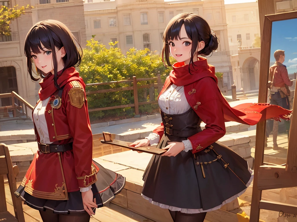 (masterpiece、Highest quality:1.2),Frame In、 Cowboy Shot, One Girl, View your audience, (Highest quality, 8k, Oil, Tabletop:1.2), Very detailed, (Realistic, Realistic:1.37), Wearing a red coat、White scarf、Bob Hair、Black Hair、Fun Expressions、smile、it's snowing、City of night、shopping