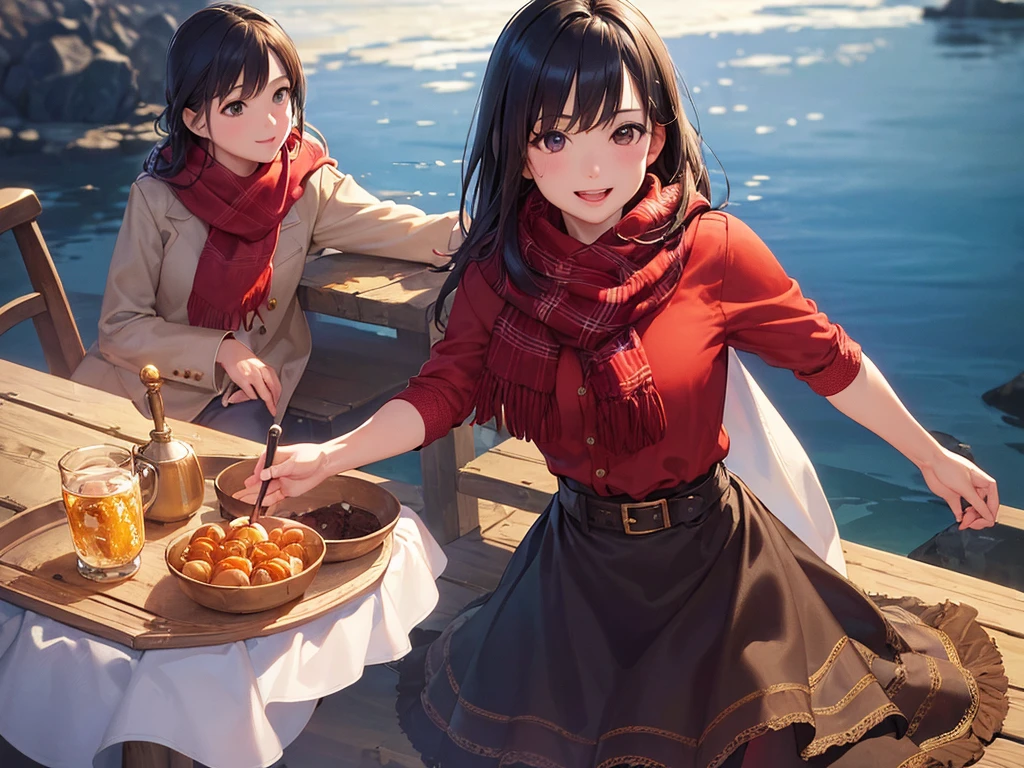 (masterpiece、Highest quality:1.2),Frame In、 Cowboy Shot, One Girl, View your audience, (Highest quality, 8k, Oil, Tabletop:1.2), Very detailed, (Realistic, Realistic:1.37), Wearing a red coat、White scarf、Bob Hair、Black Hair、Fun Expressions、smile、it's snowing、City of night、shopping