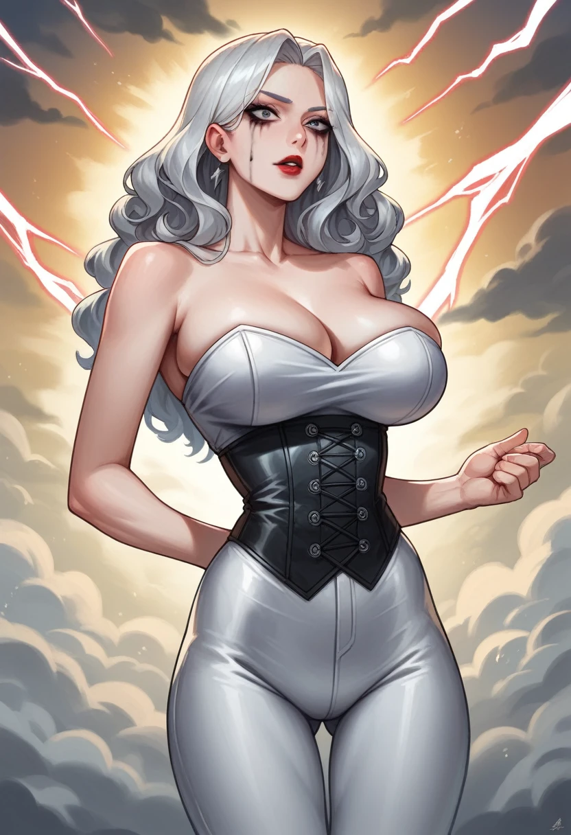 best quality, 4K, Giant Squid Attack, week, frighteningly, beautiful girl, Korean makeup, red lips, platinum hair, Slim shape, big breasts, thigh, corset, Tight leather pants, Black and white dress, stand, In the middle of the sea, hands behind:1.4, Cloudy sky and lightning background mode,