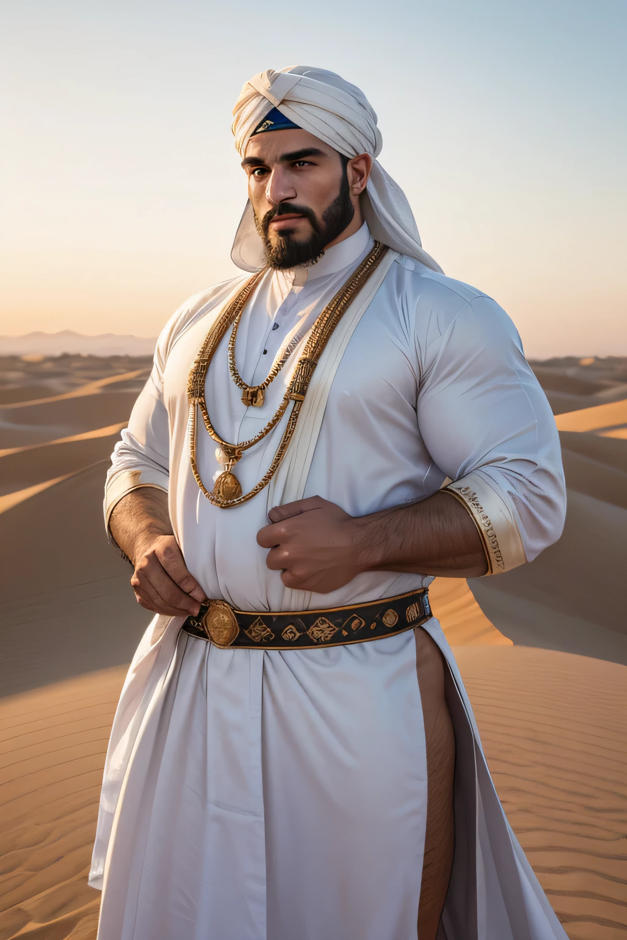 Hyperrealistic close-up image of an Arab Bedouin sitting on a rock, a superhero sweating profusely with very long gray hair. An 80-year-old, very muscular bodybuilder weighing over 200 kilos with a bare torso, large drooping pecs, large tattoos, brown nipples, and large.... A large gray mustache Dressed in a wide skirt and sandals among the dunes of the Sahara desert at sunset.