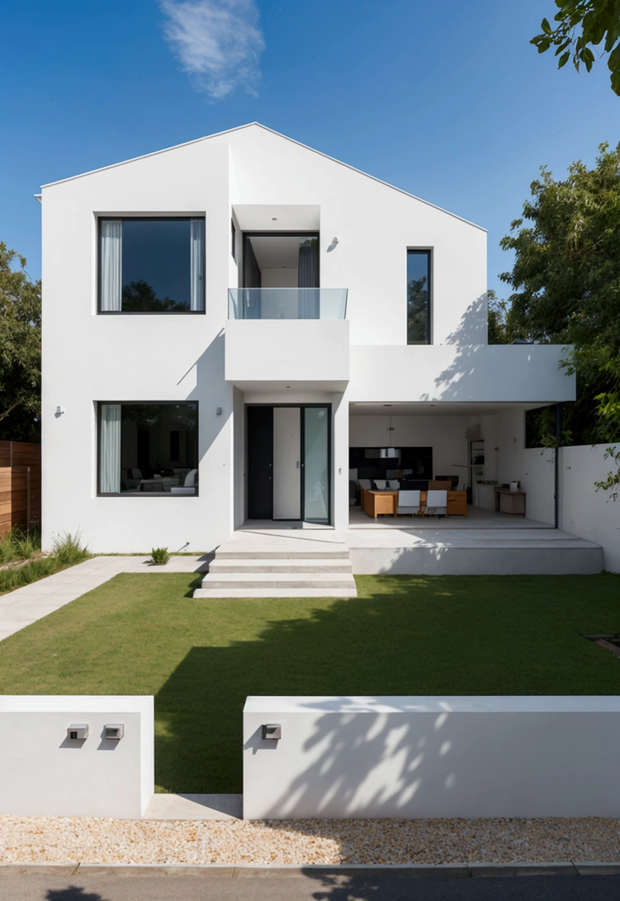 CRU photo,work of art, high qualiy, best qualityer, authentic, super detaill, plein-air, front-facing, single storey villaXL, aiai group, modern house style on the street, front house, visão front-facing, white wall road, pavement, gram, Trees, sky, nube, (Day Light:1.1)