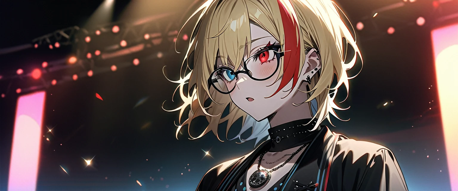 (((masterpiece,Highest quality))),(((スチームパンク風でVisual Keiの黒を基調とした衣装の短い髪のアニメの中性的な男性))),((Androgynous but male)),(((Visual Kei))),(((red and blonde streaked hair))),highlights hair,((Wears stylish, thick-framed glasses)),((Blue and red heterochromia)),((Clock and gear motif necklace,A brooch with a clock and gear motif)),(((Singing passionately on a live stage))),Focus on the upper body,(high quality),アニメ