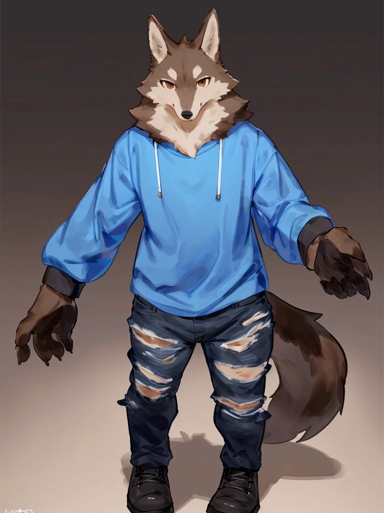 ((Best quality, masterpiece, detailed anatomy, detailed eyes, detailed hands, perfect lighting, perfect shading)), by Buta99, by Bebebebebe, 1male, Wolf, brown furs, tight body, dark  brown eyes, skinny chub body, young body, large sleeves blue tshirt, ripped jeans pants, black boots, at the white background 