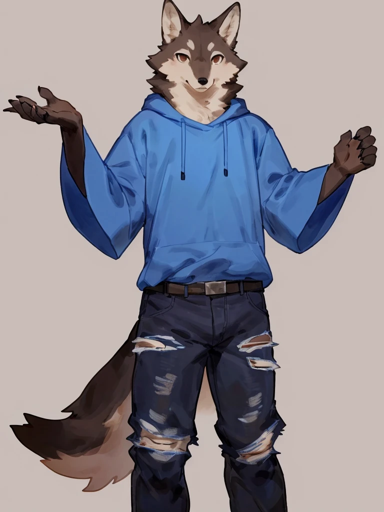((Best quality, masterpiece, detailed ???????, detailed eyes, detailed hands, perfect lighting, perfect shading)), by Buta99, by Bebebebebe, 1male, Wolf, brown furs, tight body, dark  brown eyes, skinny chub body, young body, large sleeves blue tshirt, ripped jeans pants, black boots, at the white background 