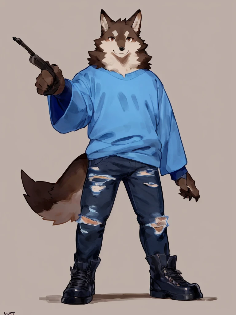 ((Best quality, masterpiece, detailed anatomy, detailed eyes, detailed hands, perfect lighting, perfect shading)), by Buta99, by Bebebebebe, 1male, Wolf, brown furs, tight body, dark brown eyes, skinny chub body, young body, large sleeves blue tshirt, ripped jeans pants, black boots, at the white background