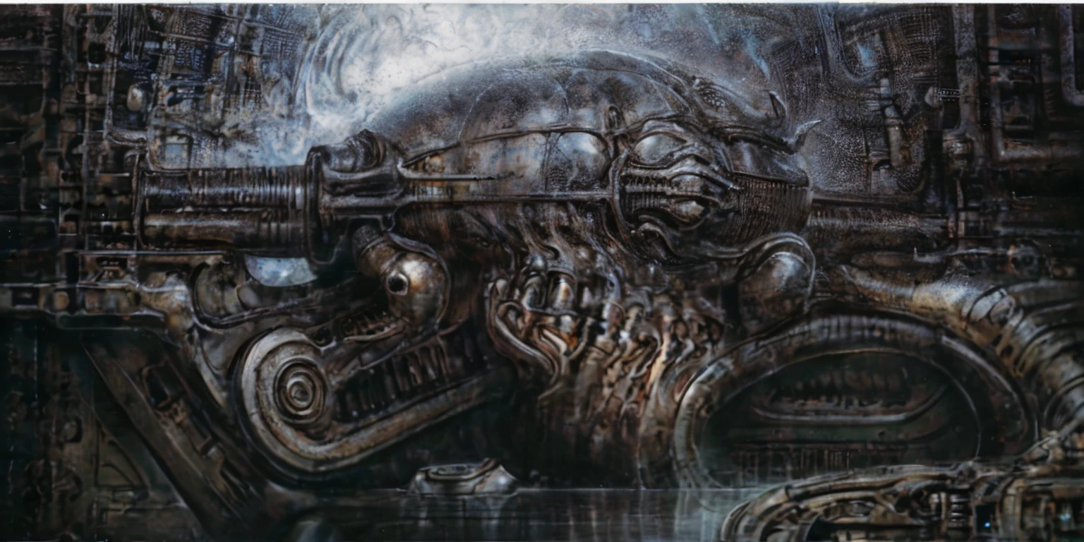 xgiger, The image is a detailed view of H.R. Giger's biomechanical tableau \" LANDSCAPE No 312 \" plate, featuring
a complex, intricate, and detailed design of endless Machine in the transit space over the cascade of fallen water, that appears to be a fusion of organic and mechanical elements, with a focus on the interplay between the two.The piece is a tableau, most likely created with a India ink pen or pencil on paper, determined by the thin lines, shading techniques, and the texture of the paper, which is visible around the edges.
Used is pen, given the shading and variations in line weight visible in the image. Artist have used a variety of stylus with different degrees of hardness to achieve the shading effects.
 The use of undersaturated green-grays dark contrasts creates a stark and graphic look. Is used a variety of linework techniques to create different textures. Fine, parallel lines create a smooth, metallic texture,while thicker, more cursive lines suggest cables or wires.
Light source from the top highlights skeletals, pper part of foreground, lower part of image is in shadowupper part of foreground, lower part of image is in shadow.
The art performance showcases the artist’s skills in observation and rendering. The level of detail in the piece suggests a close study of real bone specimens and mechanics. The artist has skillfully used shading techniques to create a convincing illusion of three-dimensionality on a flat surface. The wrinkles and cracks in the surface, and the cast shadows with accuracy, used shading techniques to create a realistic depiction of light and shadow on the objects. This creates a sense of depth and dimension in the image. The artist has used careful linework to depict the contours and textures in the piece
Sharp focus on foreground elements illustration. Deep and delicate DOF. Big painting. Stored in Louvre masterpiece, ooze soaked pajama top
