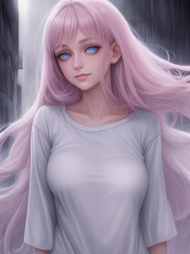 rain, Beauty, High nose, Long eyelashes, 目にLight, Pink Lips, Closed Mouth, pastel colour, purple, Dull pink, Dull Blue, heart, Light,Fluttering Hair, Big eyes, Inner color hair, turn around,short hair, cute, 30 years old, perfume, Prada, glossy, charm, Real, summer, null, smile, 天気rain, Wolf Hair, Big white t-shirt, Gray Hair,One girl, solo, High resolution, blue eyes, Simple Background, Backlight,