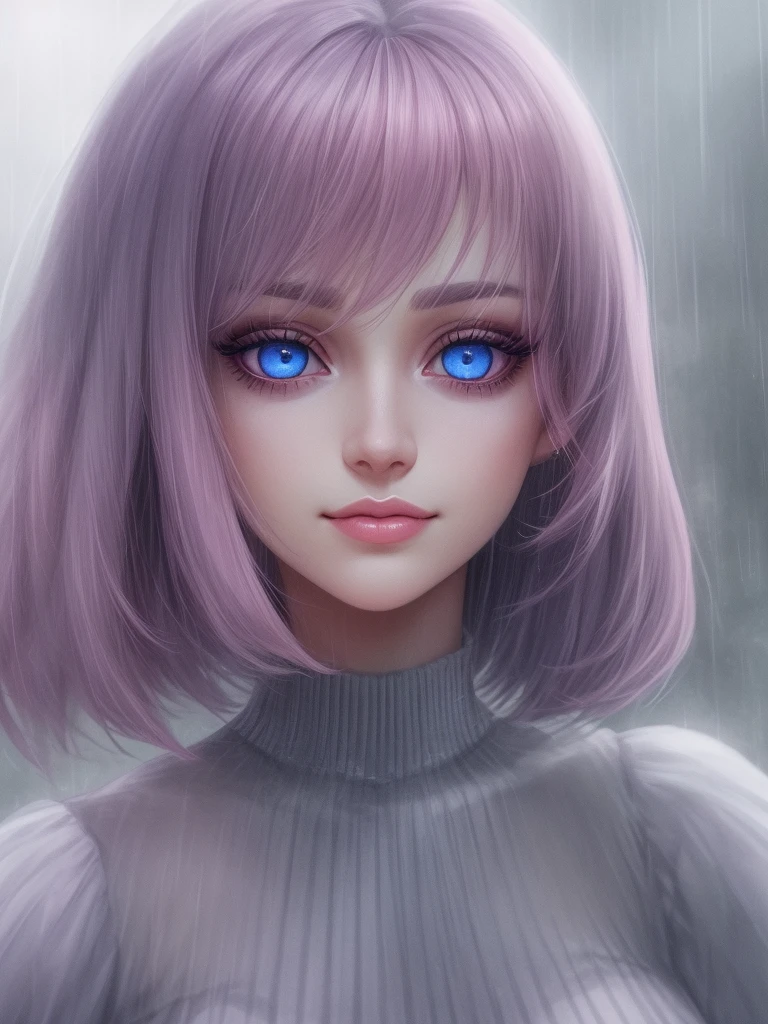 rain, Beauty, High nose, Long eyelashes, 目にLight, Pink Lips, Closed Mouth, pastel colour, purple, Dull pink, Dull Blue, heart, Light,Fluttering Hair, Big eyes, Inner color hair, turn around,short hair, cute, 30 years old, perfume, Prada, glossy, charm, Real, summer, null, smile, 天気rain, Wolf Hair, Big white t-shirt, Gray Hair,One girl, solo, High resolution, blue eyes, Simple Background, Backlight, 
