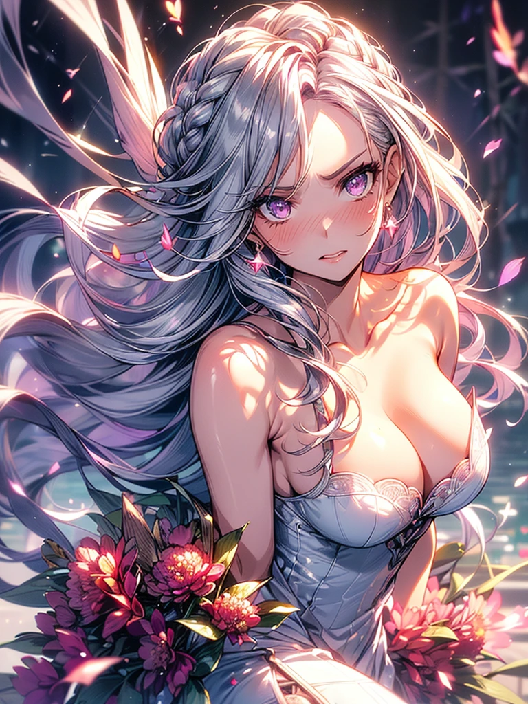 mature woman, 1girl, (masterpiece, best quality, ultra-detailed), sharp focus, detailed face, face focus, extremely detailed eyes, long hair, crown braid, hair over the shoulders, (silvery-purple hair: 1.3), purple eyes, (sparkling eyes: 1.2), long eyelashes, (strong blush, drunk: 1.2), delicate makeup, big breasts, ((pink and white complicated dress, bare shoulders, décolleté)), ((dusk, holding diamond shard, discovery, bamboo shoots background, grass,  green particles around, calm lake, cherry blossom background, breeze)), cinematic lighting, edge lightning, ray tracing, shading, dynamic angle, angry, crazy, angry, belligerent, annoyed,