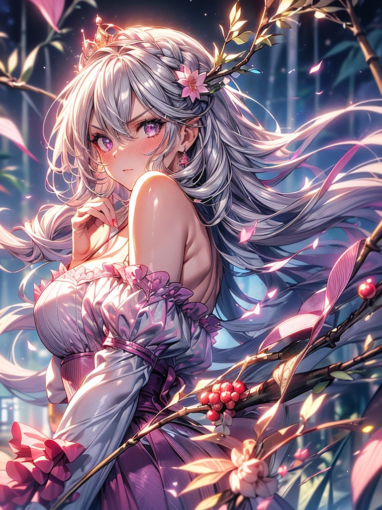 mature woman, 1girl, (masterpiece, best quality, ultra-detailed), sharp focus, detailed face, face focus, extremely detailed eyes, long hair, crown braid, hair over the shoulders, (silvery-purple hair: 1.3), purple eyes, (sparkling eyes: 1.2), long eyelashes, (strong blush, drunk: 1.2), delicate makeup, big breasts, ((pink and white complicated dress, bare shoulders, décolleté)), ((dusk, holding diamond shard, discovery, bamboo shoots background, grass, green particles around, calm lake, cherry blossom background, breeze)), cinematic lighting, edge lightning, ray tracing, shading, dynamic angle, angry, crazy, angry, belligerent, annoyed,