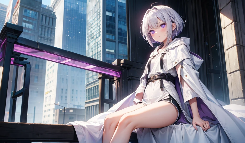 Girl with white short hair and double braids，Purple Eyes，hood，White robe，small shorts，Bare Legs，City