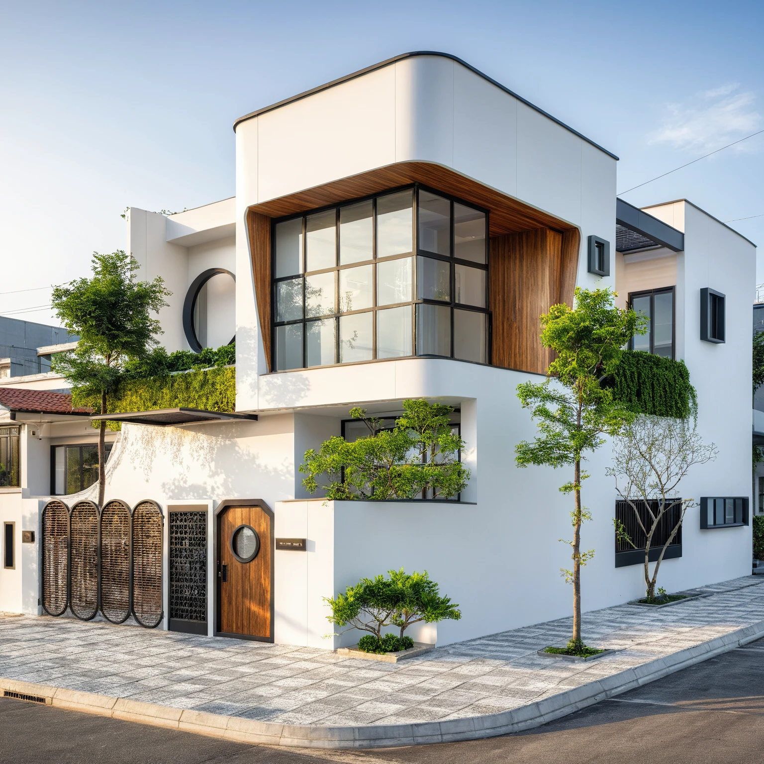 modern townhouse on street, (sunset), tropical tree, vivid colour, streetcapes, white tone, white wall, steel gate, rough white wall, large glass door, (warm interior lighting:1.2), wood and marble, best quality