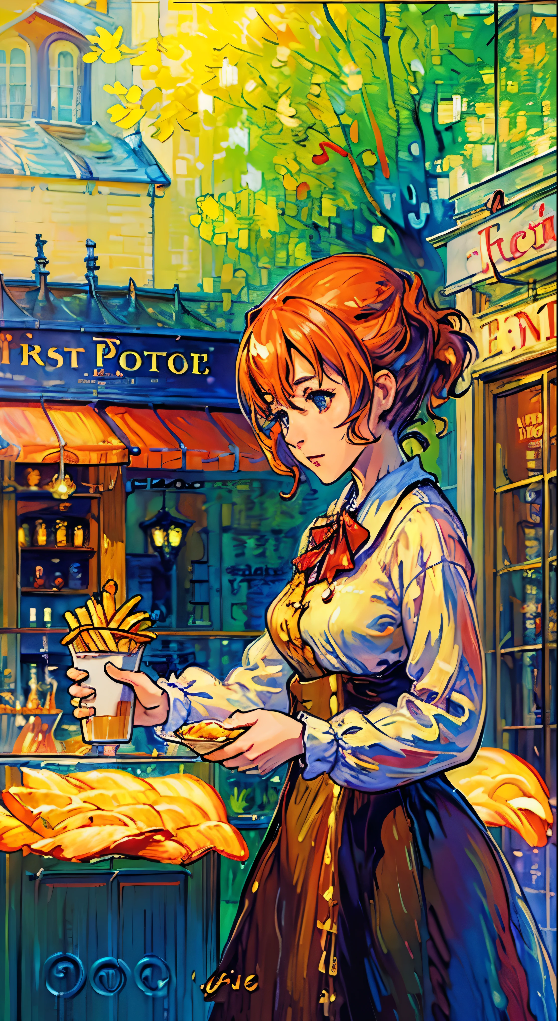 [(transparent background: 1.5)::5],(((masterpiece))),(((best quality))),(((extremely detailed))),illustration, mysterious,vivid color, shiny , (impressionism: 1.4), Pret A Manger, French Fries, Family Barrel, Fish and Chips, (snack bar), (food stand), london, harry potter, Harry Potter, wizarding world, eatery, cuisine, food service, typography, type design, magical style, mystical font, 